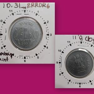 India - 1 RUPEE-2002 Bombay Mint 11.00 O Clock Rotation Error Coin Used