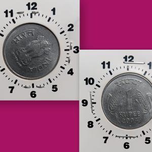 India - 2004 - 1 Rupee Hyderabad Mint 2 Oclock Rotation Error Coin Used