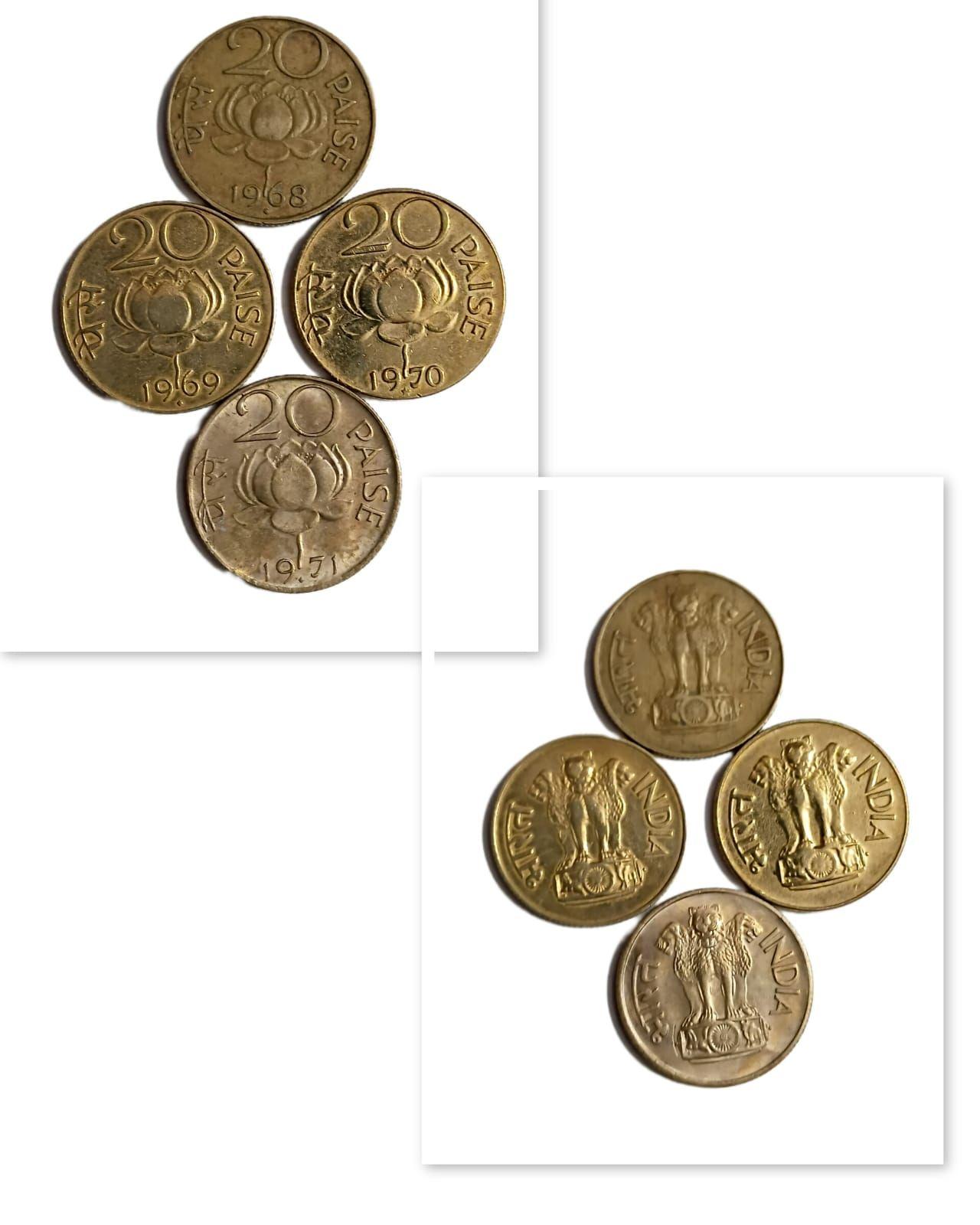 India - 20 Paise Republic Coins (1968-1971) - Set of 4 Used Coins