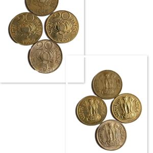 India - 20 Paise Republic Coins (1968-1971) - Set of 4 Used Coins