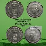 5 Rupees- 50th Anniversary of United Nation 1995 UNC 2 COINS B/N Mint