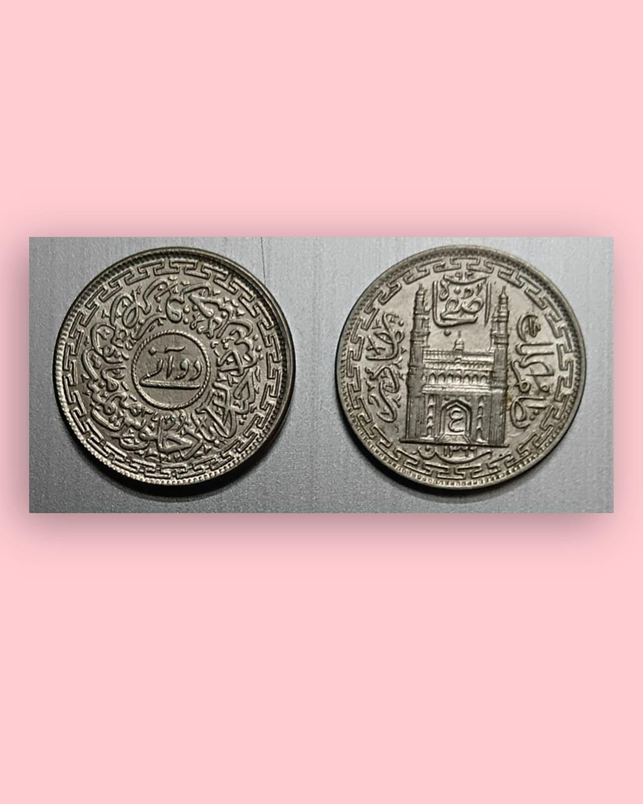 India - PRINCELY STATE HYDERABAD NIZAM -MIR USMAN ALI KHAN CHARMINAR GATEWAY 2 ANNAS Coin Used COPPER NICKEL