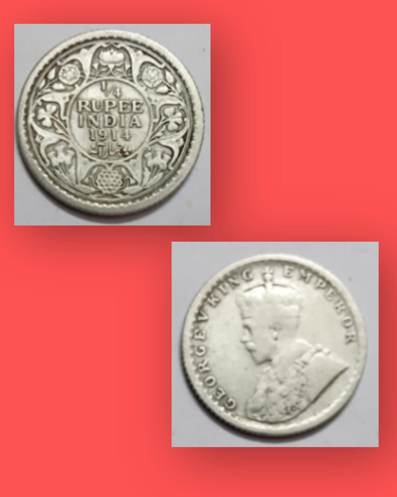 British India Coin George V 1/4 Rupee 1914 Used SILVER COIN