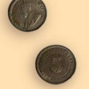 British India George V King 1926 5 CENTS STRAITS SETTLEMENTS Used SILVER COIN