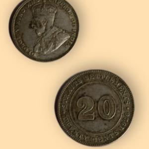 British India George V King 1926 20 STRAITS SETTLEMENTS CENTS Used SILVER COIN