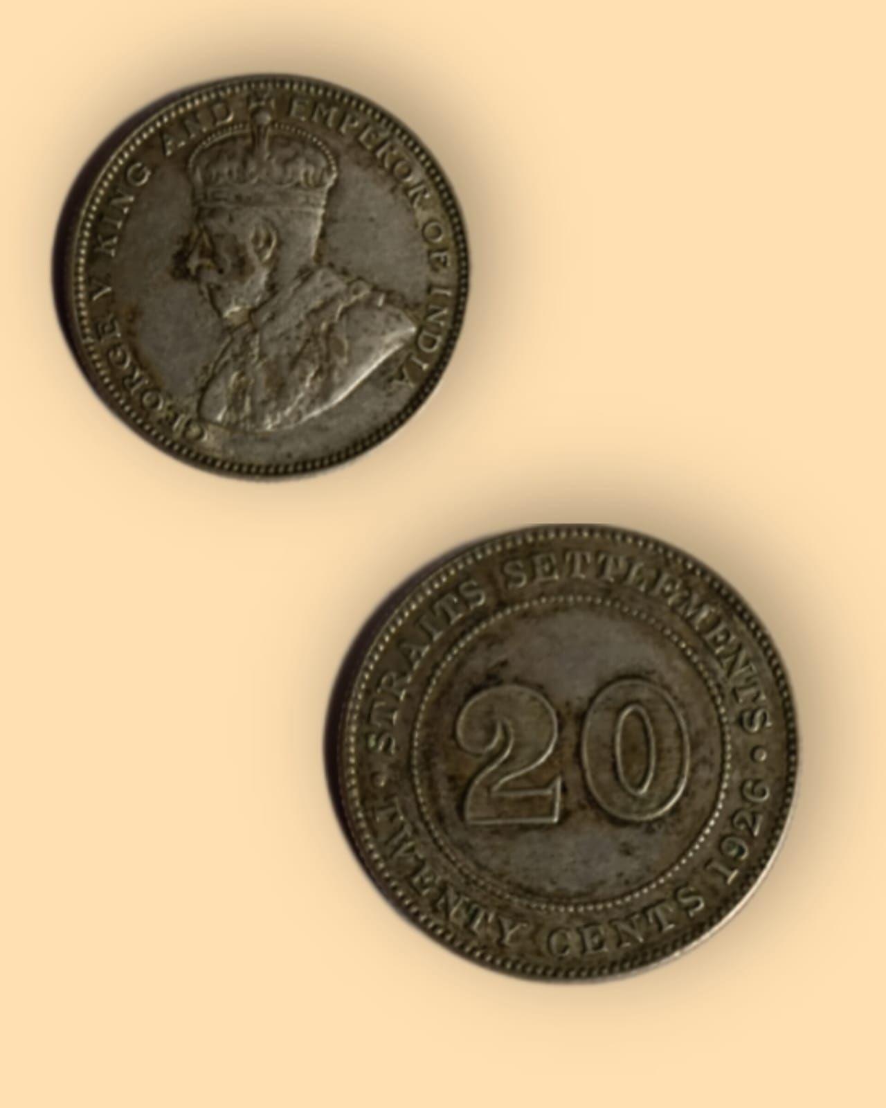 British India George V King 1926 20 STRAITS SETTLEMENTS CENTS Used SILVER COIN