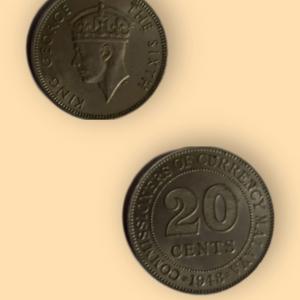 British India George King 1948 COMMISSIONERS OF Currency MALAYA 20 CENTS Used - Coin