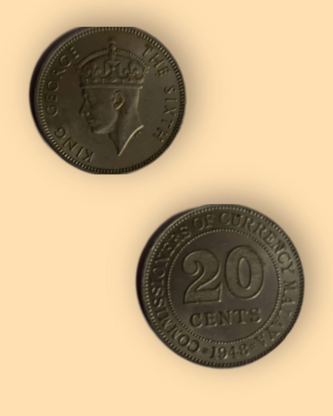 British India George King 1948 COMMISSIONERS OF Currency MALAYA 20 CENTS Used - Coin