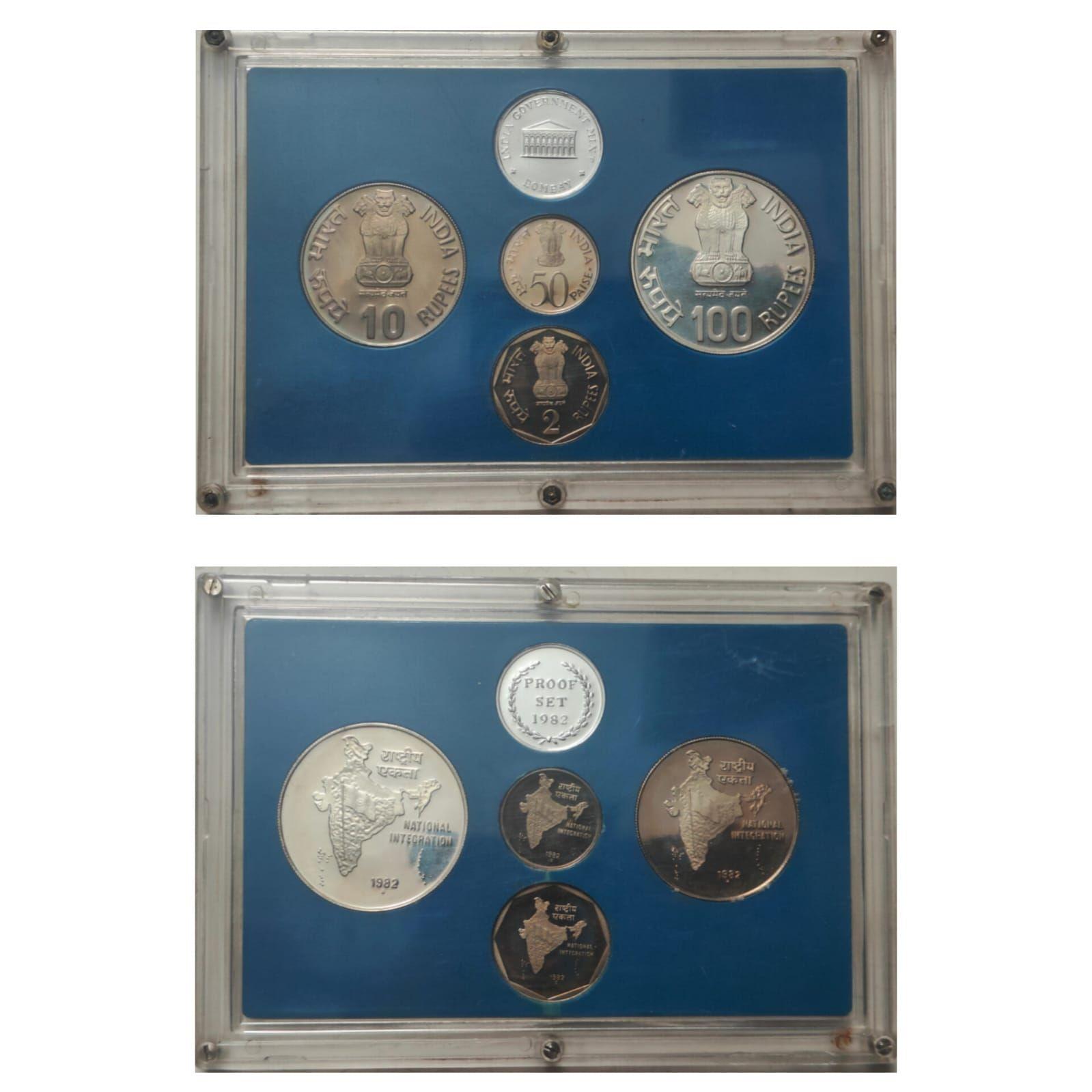 India - 1982 - National Integration Rs. 100, Rs. 10, Rs. 2, Ps.50 (Proof Set) - Coin