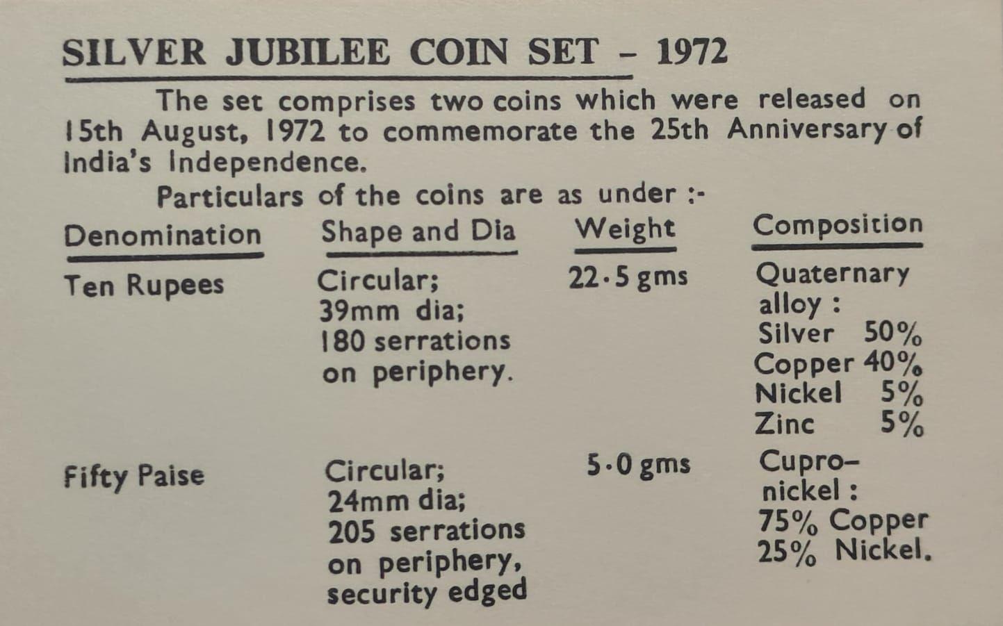 India - 1972 25th Anniversary of Independence 10 Rupees and 50 Paise Commemorative Coin Set