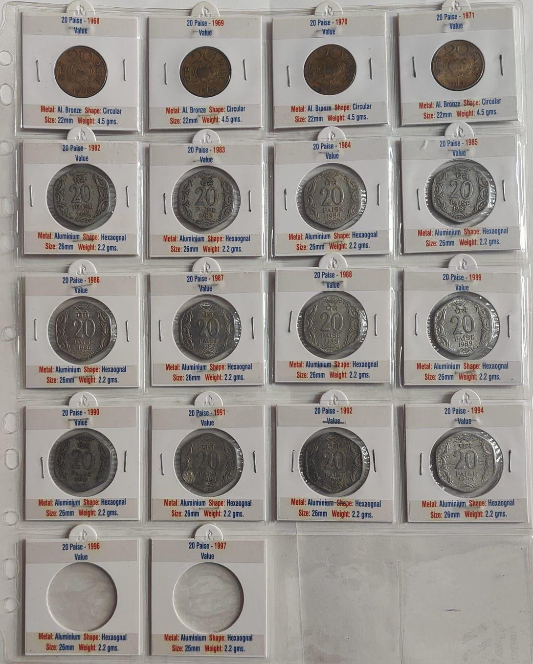 India - 1968-1994 - 20 Paise Year-Wise Collection Value Series Coin Collection in Holders With Sticker (16 Coins)