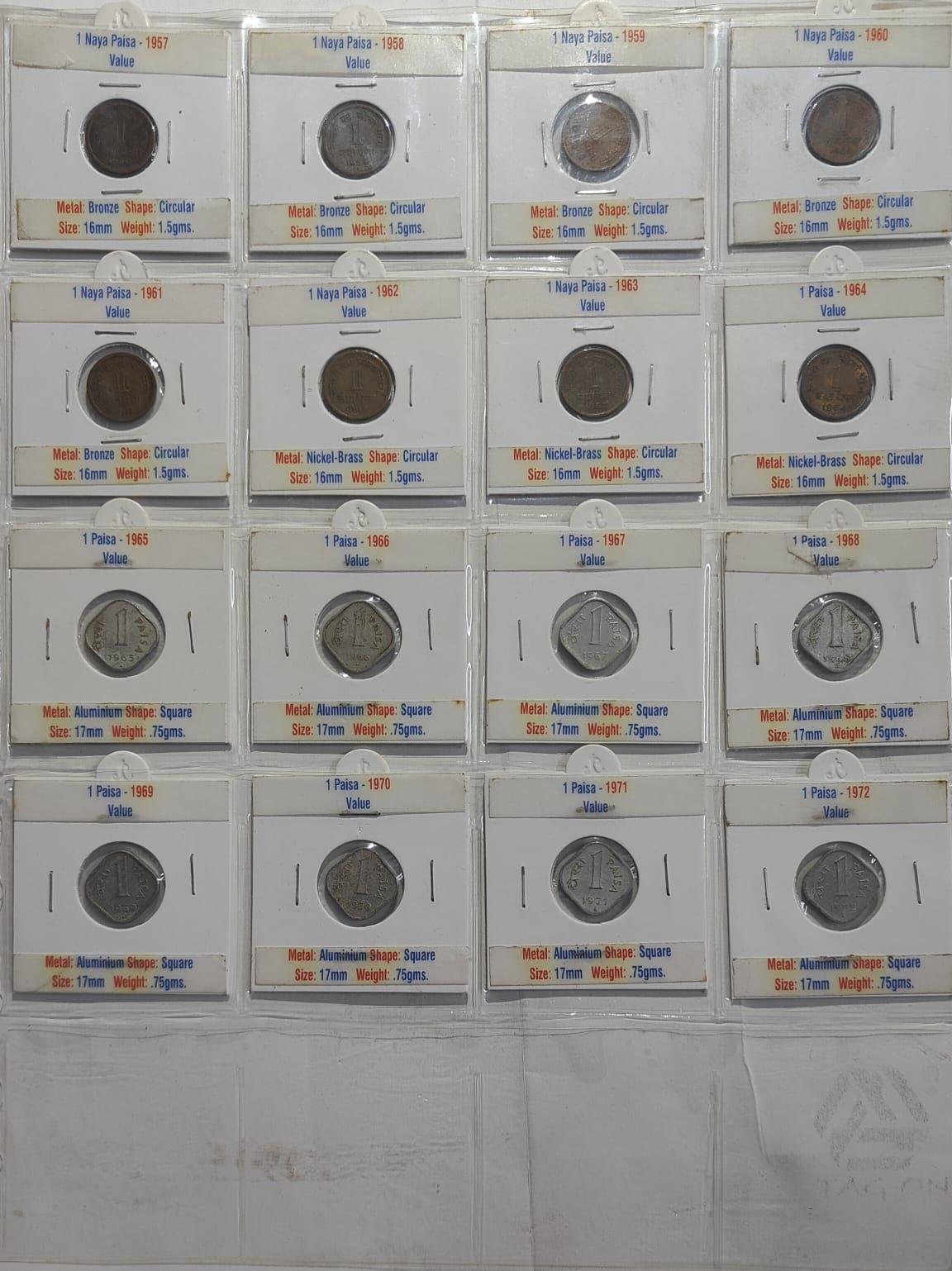 India - 1957-1972 - Republic 1 Naya Paisa / 1 Paisa Complete Year Set in Coin Holders Bronze, Nickel-Brass Aluminium Coins 16 Coins Collection