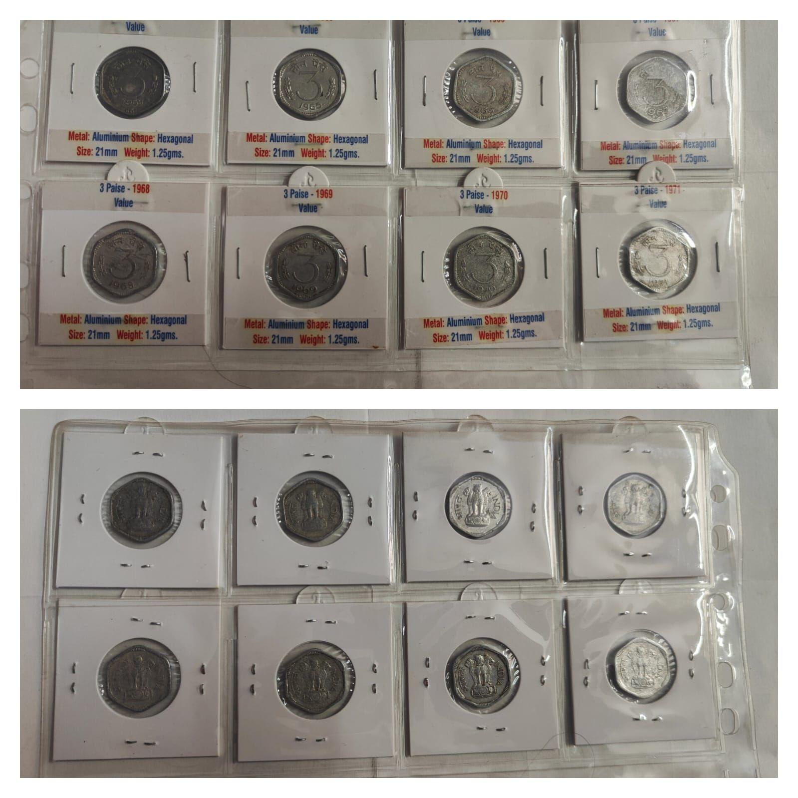 India - 1964-1971 - 3 Paise Complete Year Set in Coin Holders Aluminium Coins Year Wise Collection 8 Coins Lot Coin Holder With Sticker (8 Coins)