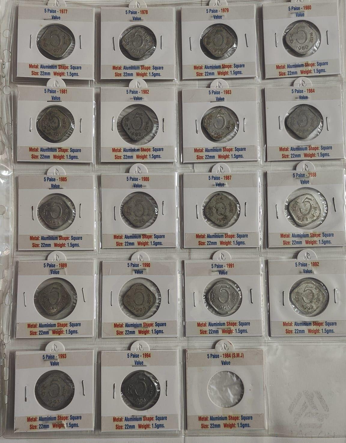 India 5 Naya Paisa, 5 Paise Year Wise Coin Collection 1957-1994 in Coin Holder With Sticker 1969 1984 (SMJ) Missing Republic India Coin set (37 Coins)