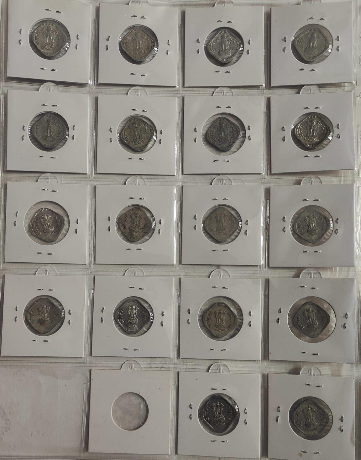 India 5 Naya Paisa, 5 Paise Year Wise Coin Collection 1957-1994 in Coin Holder With Sticker 1969 1984 (SMJ) Missing Republic India Coin set (37 Coins)