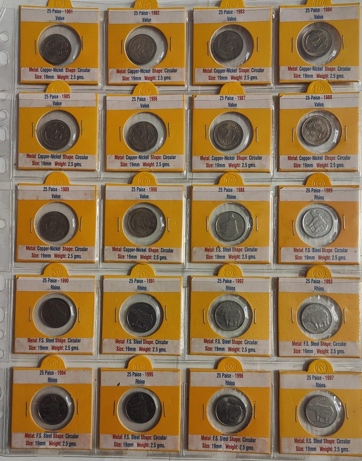 India - 1957-2002 - 25 Paise Coin Collection Set Naya Paisa Series Rhino Type Included Complete Year-Wise Collection in Coin Holder With Sticker 45 Coins