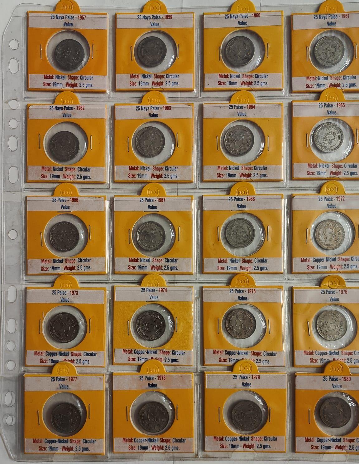 India - 1957-2002 - 25 Paise Coin Collection Set Naya Paisa Series Rhino Type Included Complete Year-Wise Collection in Coin Holder With Sticker 45 Coins