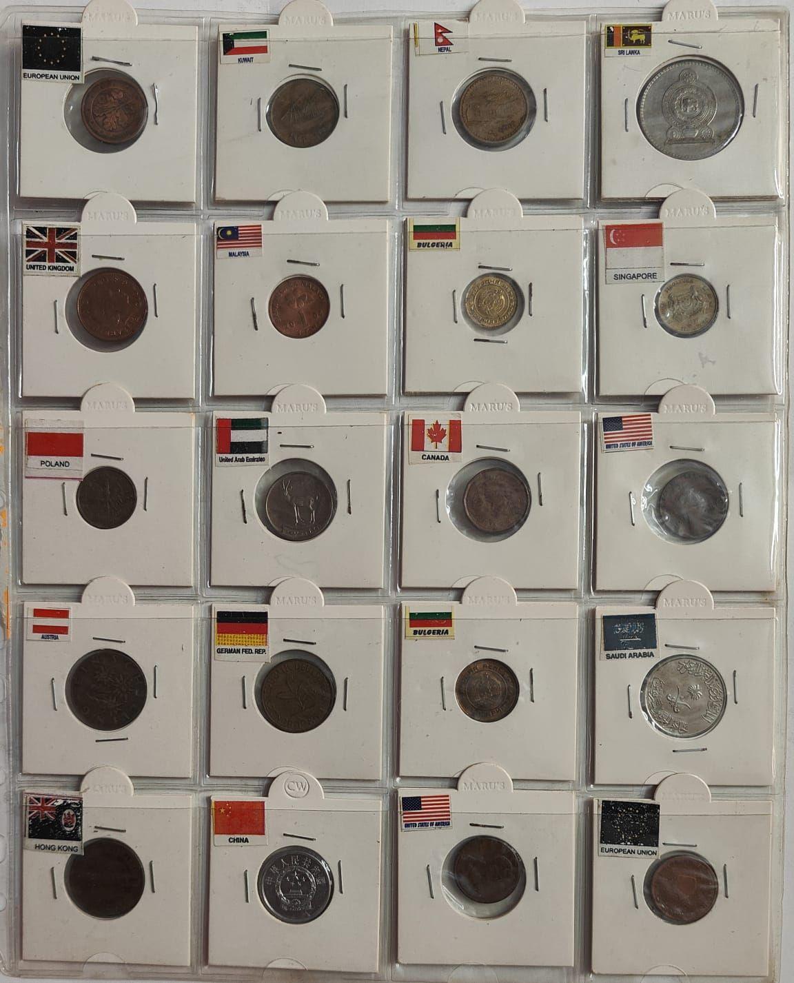 World Foreign Coins Collection Lot 20 Different Countries With Coin Holders