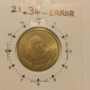India - 5 Rupees-Mother Teresa-Hyderabad Mint 12.30 Rotation Error Coin Used