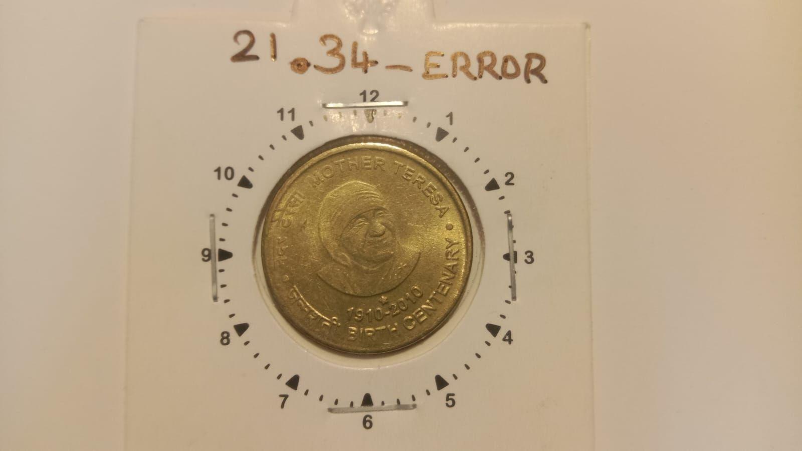India - 5 Rupees-Mother Teresa-Hyderabad Mint 12.30 Rotation Error Coin Used