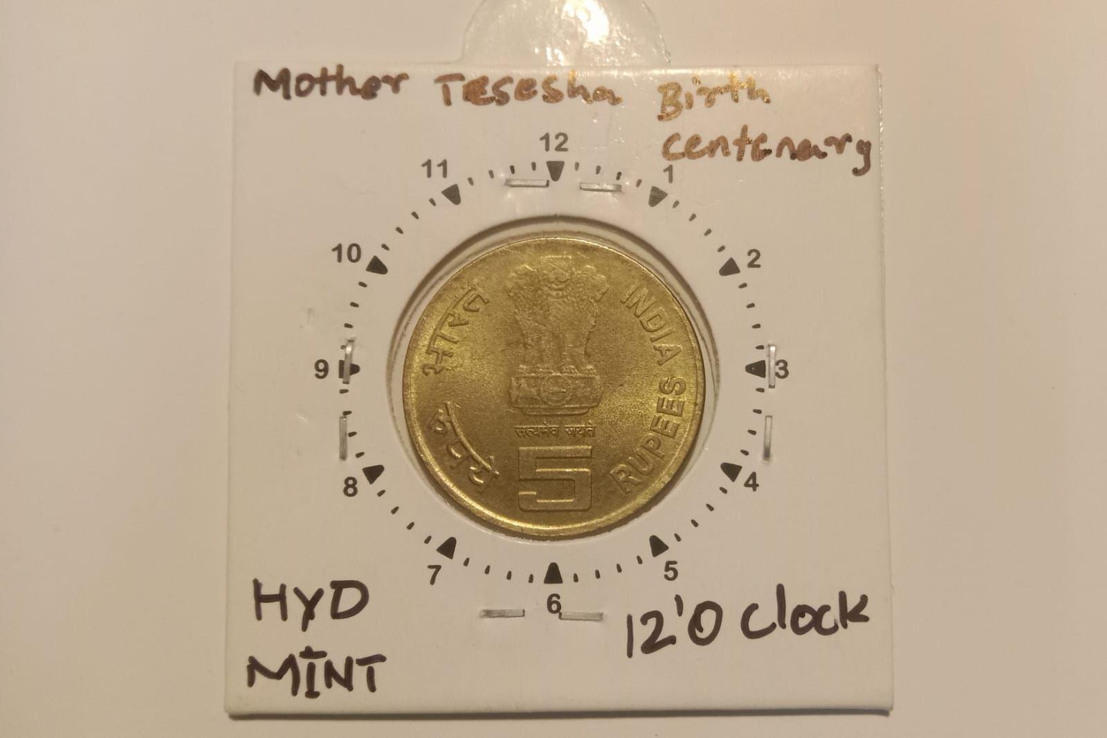 India - 5 Rupees-Mother Teresa-Hyderabad Mint 12.30 Rotation Error Coin Used