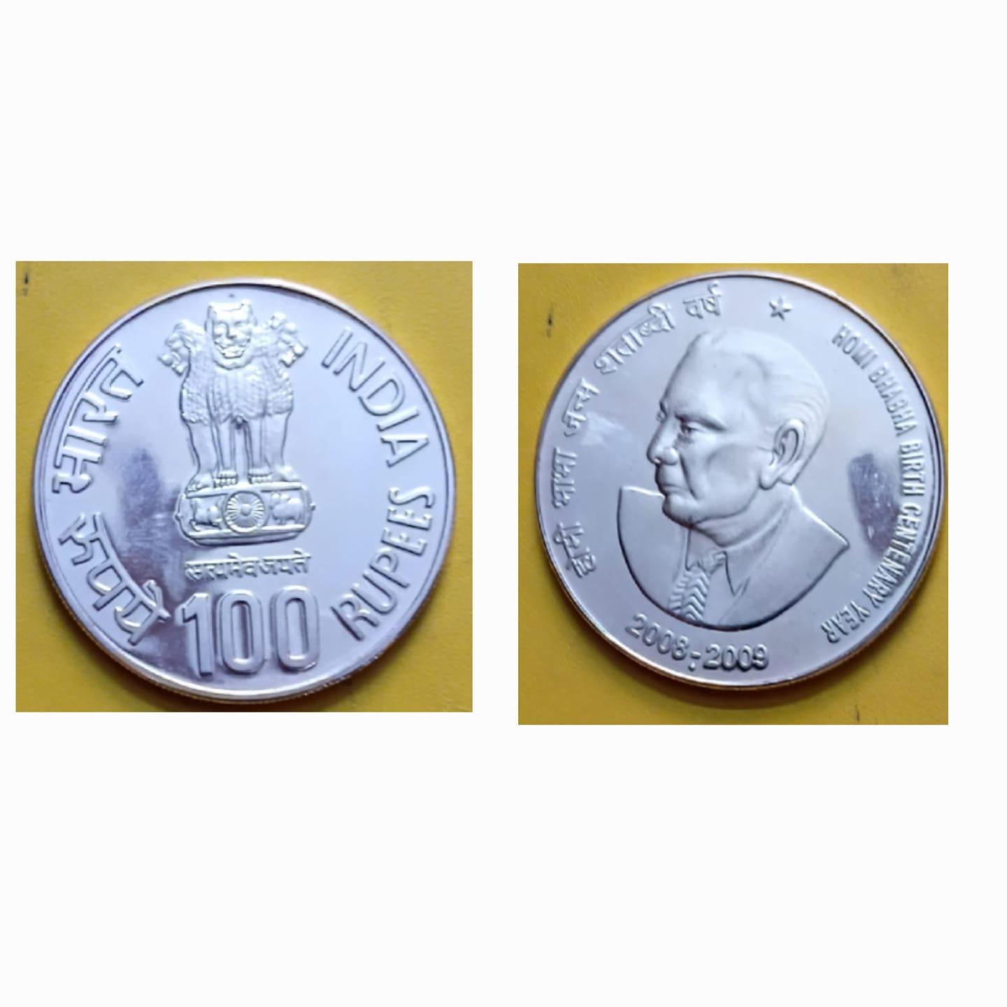 BIRTH CENTENARY OF HOMI BHABHA 2008-2009  Rs.100 SILVER PROOF COIN
