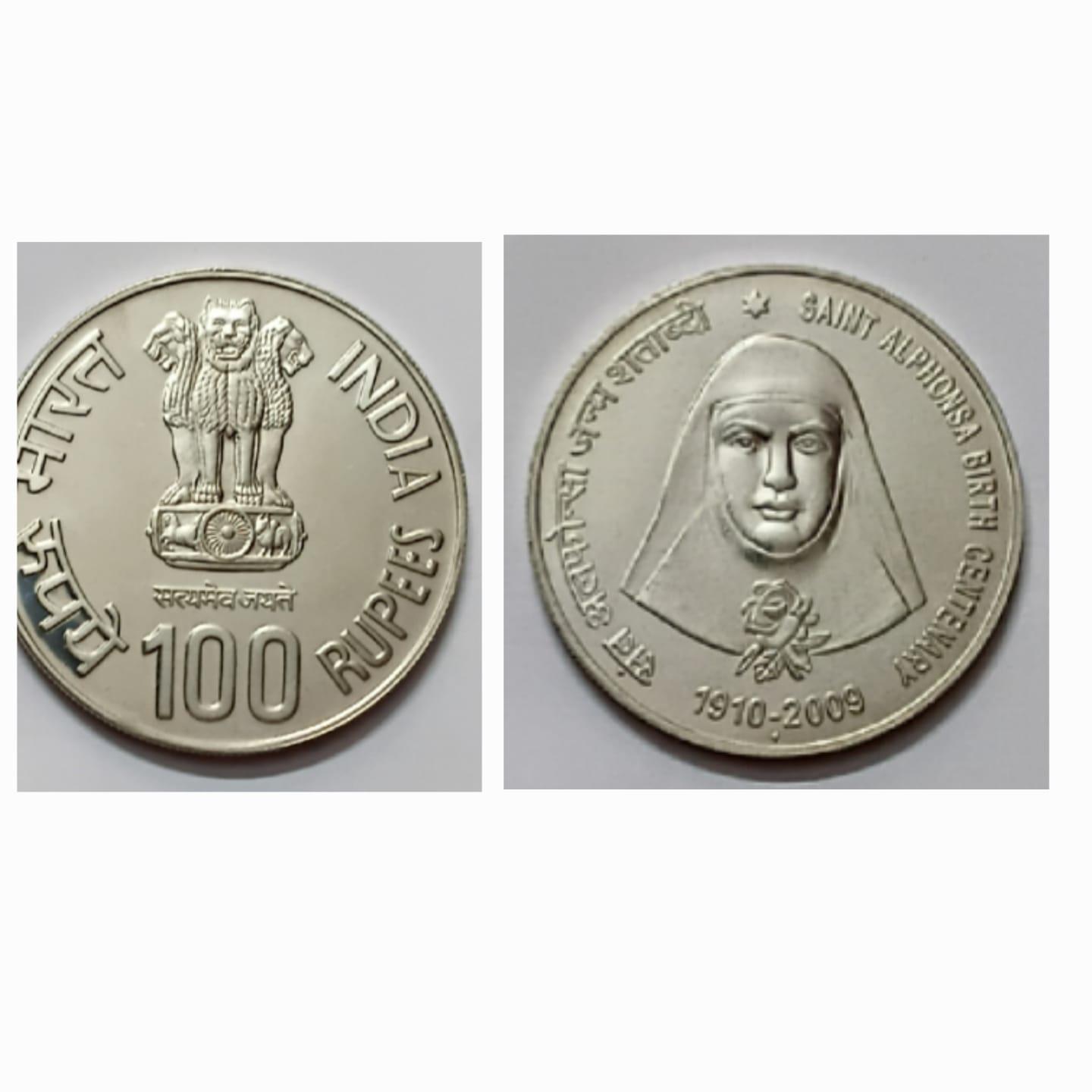 BIRTH CENTENARY OF SAINT ALPHONSA 1910-2009 Rs.100 SILVER PROOF COIN