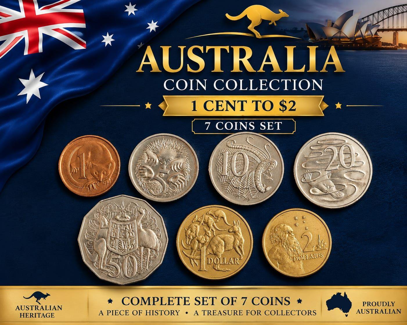 Australia 1 Cent To 2 Dollars Complete 7 Coin Denomination Set Used / Mixed Dates (No Specific Year Guarantee)