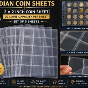 Indian Coin Sheets 2x2 Inch 20 Coin Pocket Holder Fine Quality Fresh Stock Set of 5 Sheets