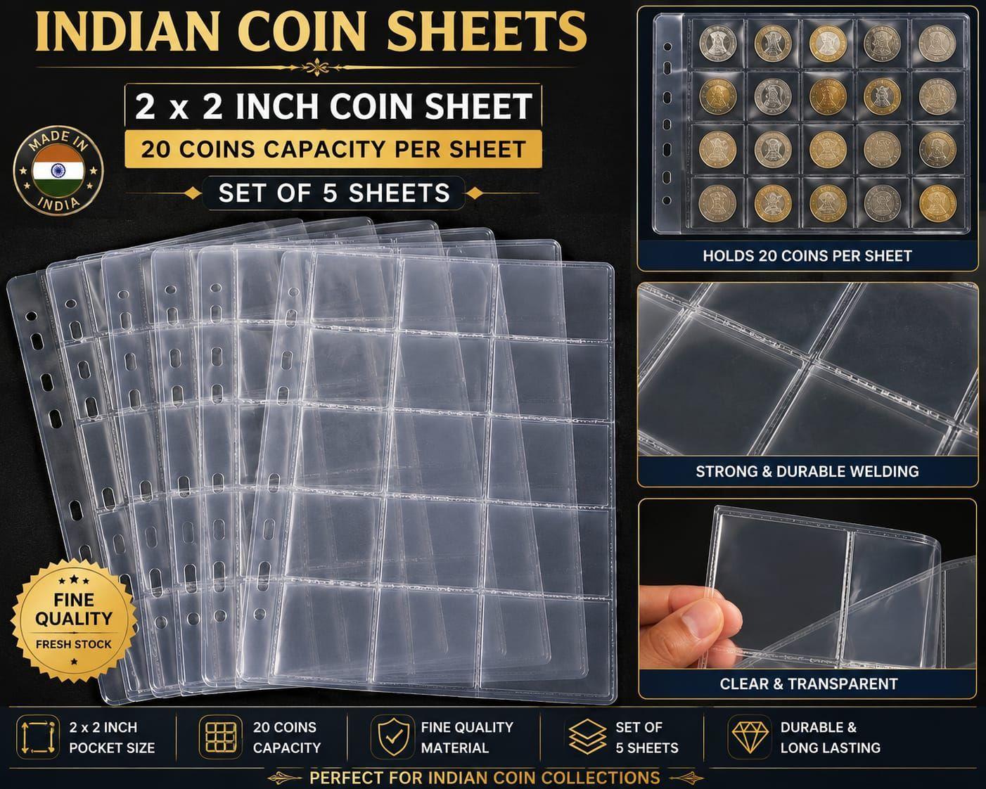Indian Coin Sheets 2x2 Inch 20 Coin Pocket Holder Fine Quality Fresh Stock Set of 5 Sheets