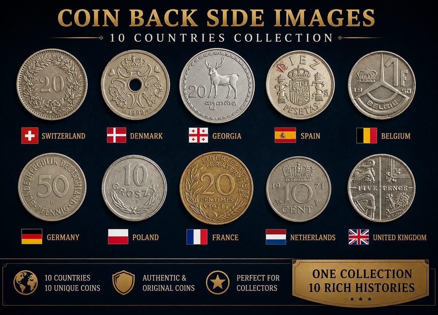European and World Coins Collection 10 Countries Switzerland, Denmark, Spain, Belgium, Germany, Poland, France, Netherlands, Georgia and United Kingdom Used coin (no specific year guarantee)