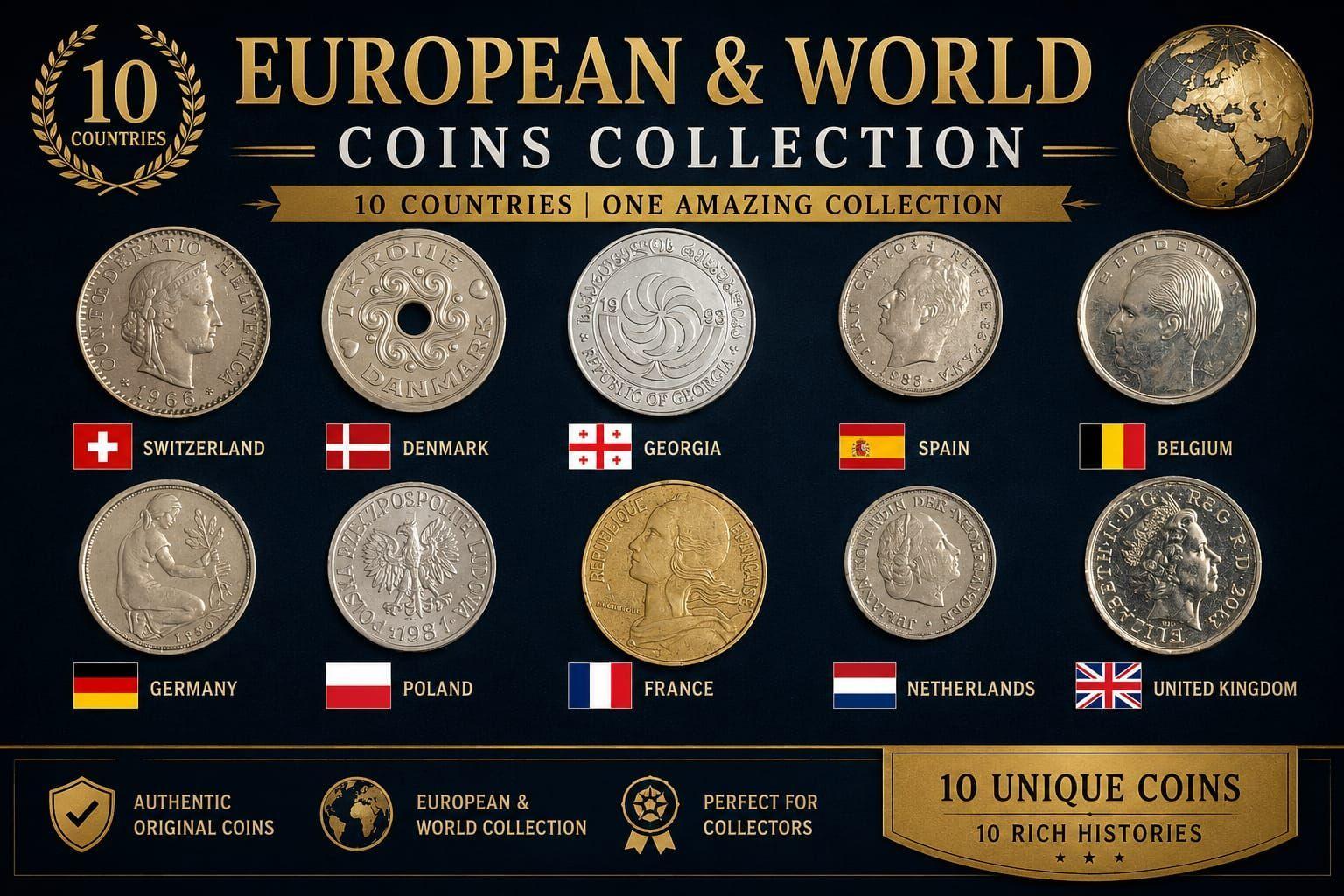 European and World Coins Collection 10 Countries Switzerland, Denmark, Spain, Belgium, Germany, Poland, France, Netherlands, Georgia and United Kingdom Used coin (no specific year guarantee)