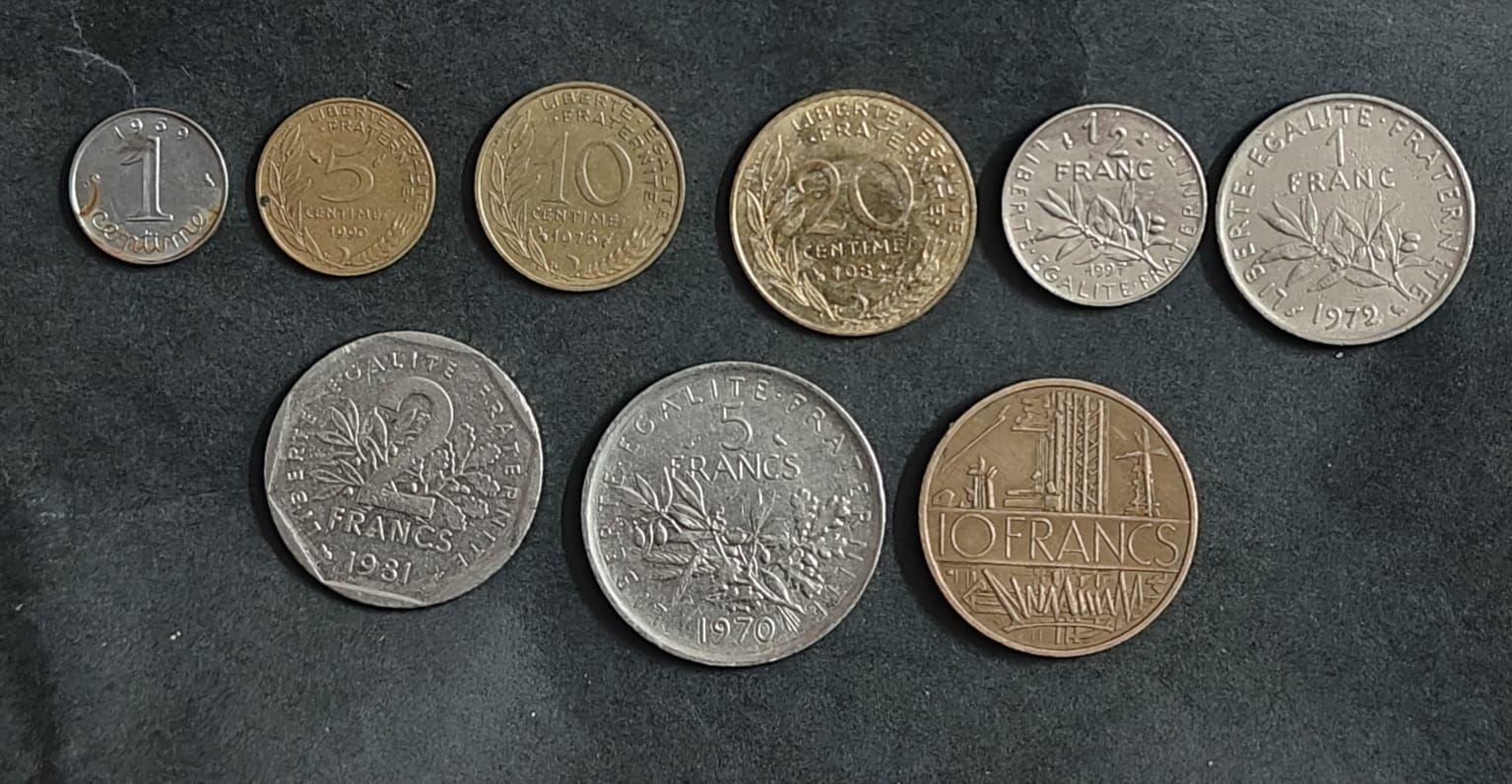France Pre-Euro Coin Collection 1 Centime To 10 Francs 9 Different Used Coins 1959-1997 (No Specific Year Guarantee)