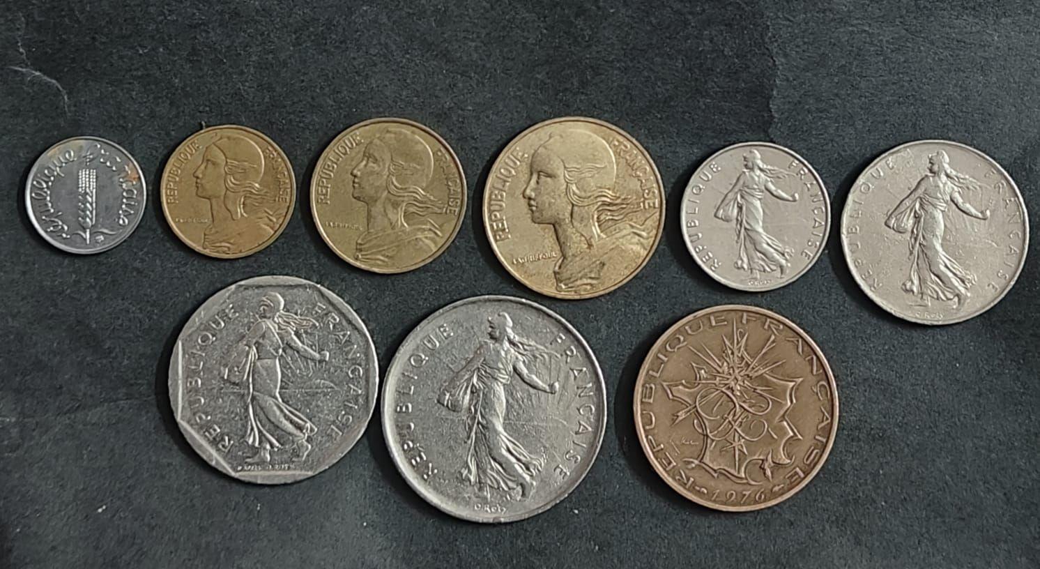 France Pre-Euro Coin Collection 1 Centime To 10 Francs 9 Different Used Coins 1959-1997 (No Specific Year Guarantee)