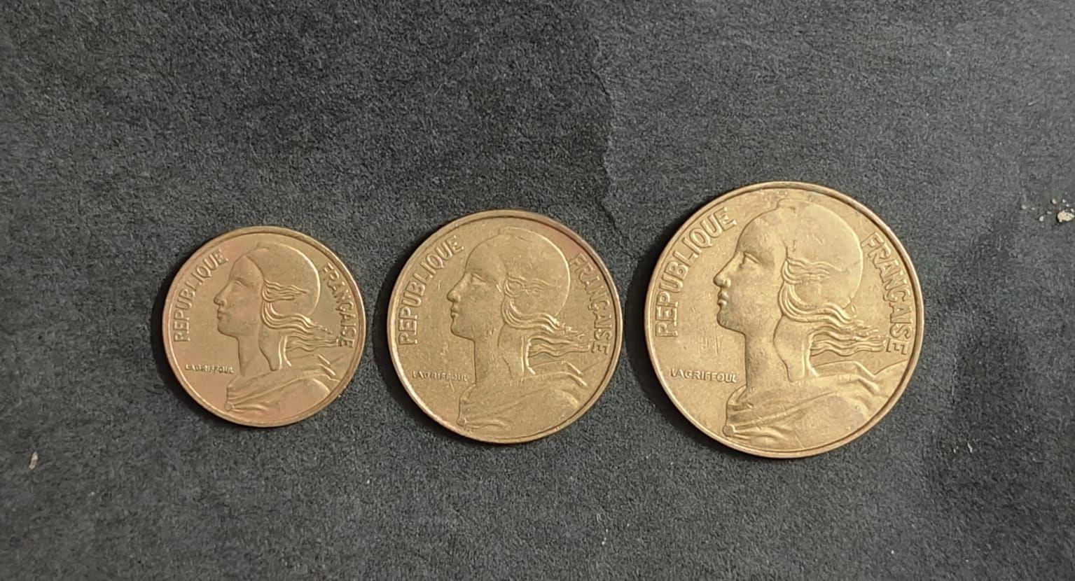 France 5, 10 and 20 CENTIMES 1968/1976/1980 SET OF 3 USED COINS (No guarantee of year on the coin)