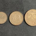 France 5, 10 and 20 CENTIMES 1968/1976/1980 SET OF 3 USED COINS (No guarantee of year on the coin)