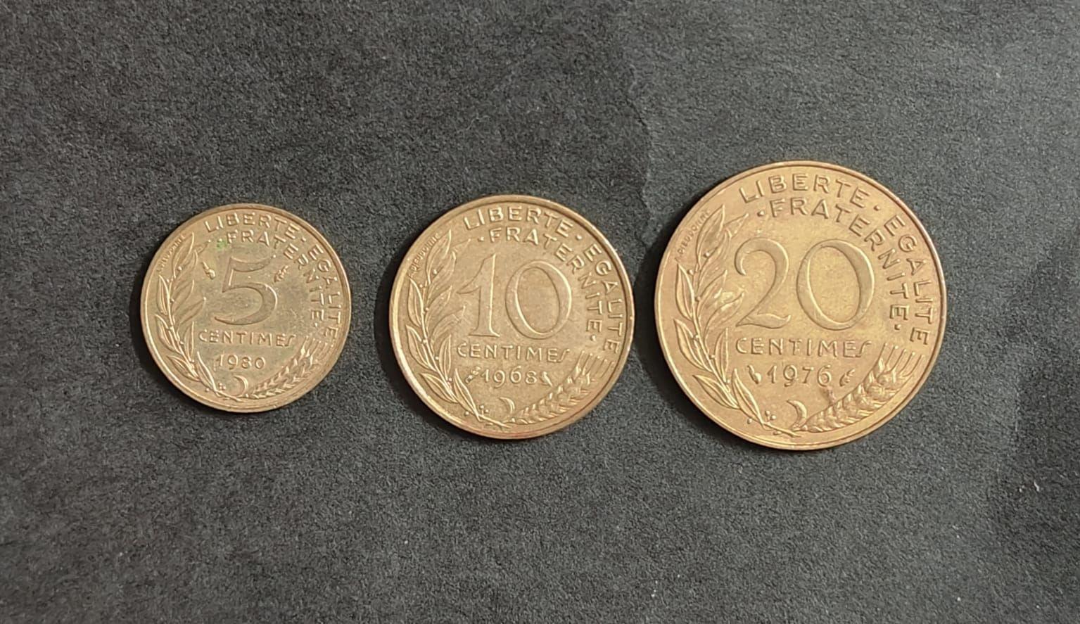France 5, 10 and 20 CENTIMES 1968/1976/1980 SET OF 3 USED COINS (No guarantee of year on the coin)
