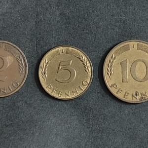 West Germany 1, 2, 5, 10 And 50 Pfennig 1950-1988 5 Coin Denomination Set Used (All Different Mints)