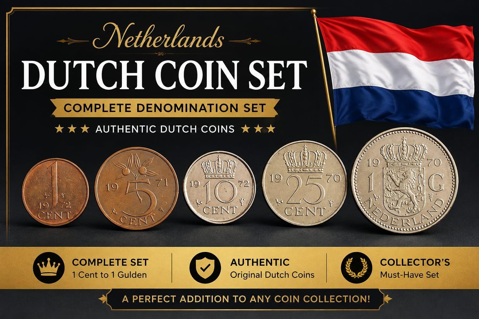 Netherlands Queen Juliana 1, 5, 10, 25 Cent And 1 Gulden 5 Coin Denomination Set Used (No Guarantee Of Year)