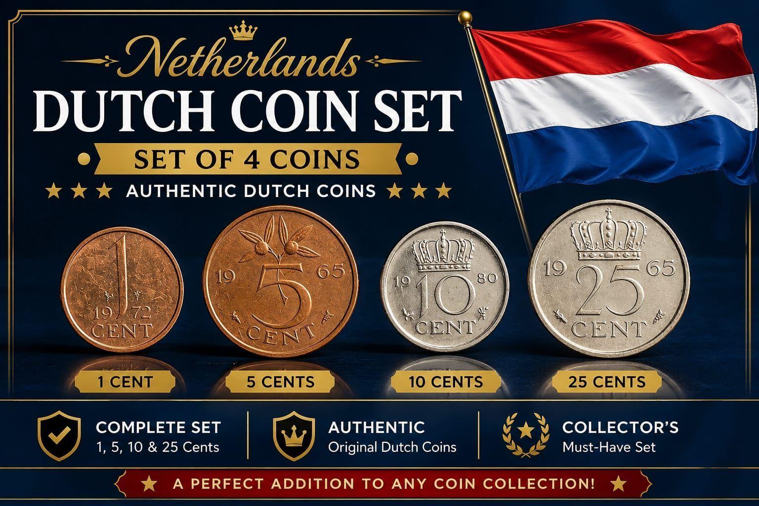 Netherlands Queen Juliana 1, 5, 10 And 25 Cents 4 Coin Denomination Set Used (No Guarantee Of Year)