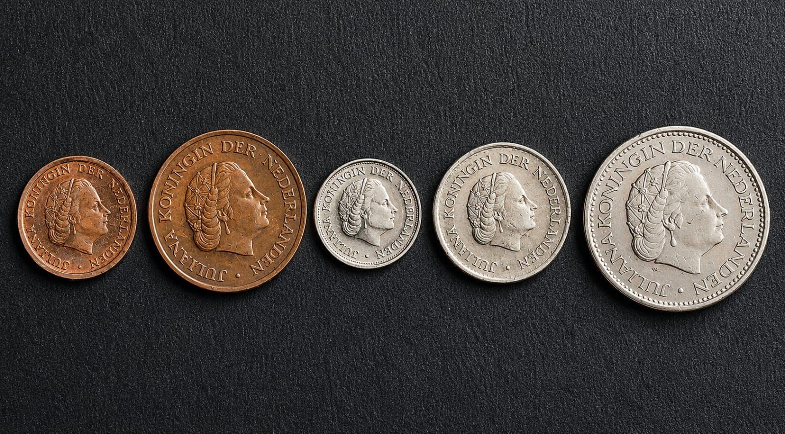 Netherlands Queen Juliana 1, 5, 10, 25 Cent And 1 Gulden 5 Coin Denomination Set Used (No Guarantee Of Year)