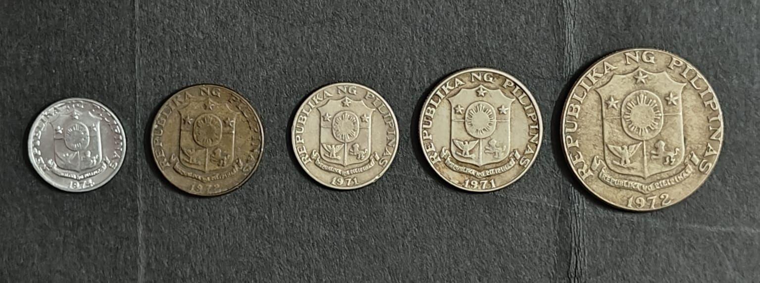 Philippines 1, 5, 10, 25 And 50 Sentimos Vintage 5 Coin Denomination Set Used 1971-1974 (No Specific Year Guarantee)