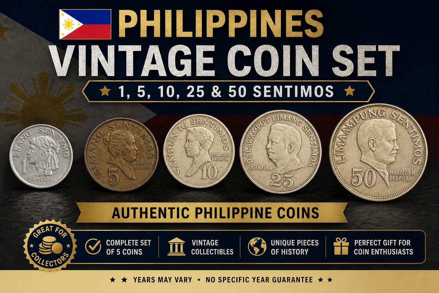Philippines 1, 5, 10, 25 And 50 Sentimos Vintage 5 Coin Denomination Set Used 1971-1974 (No Specific Year Guarantee)