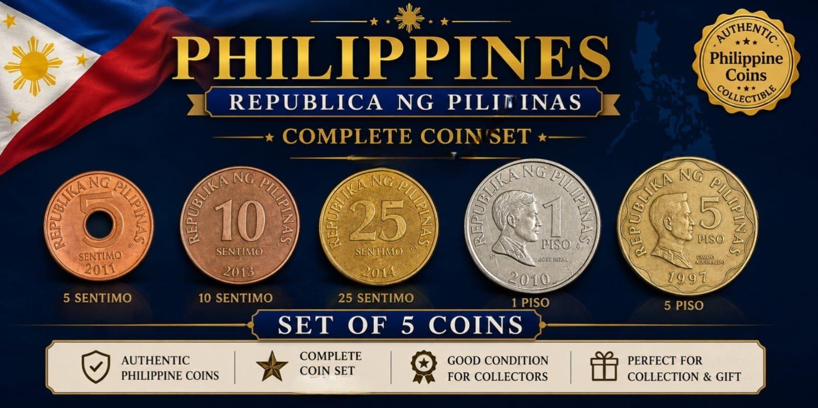 Philippines 5 Coin Denomination Set 5 Sentimo To 5 Piso Used (No Specific Year Guarantee)