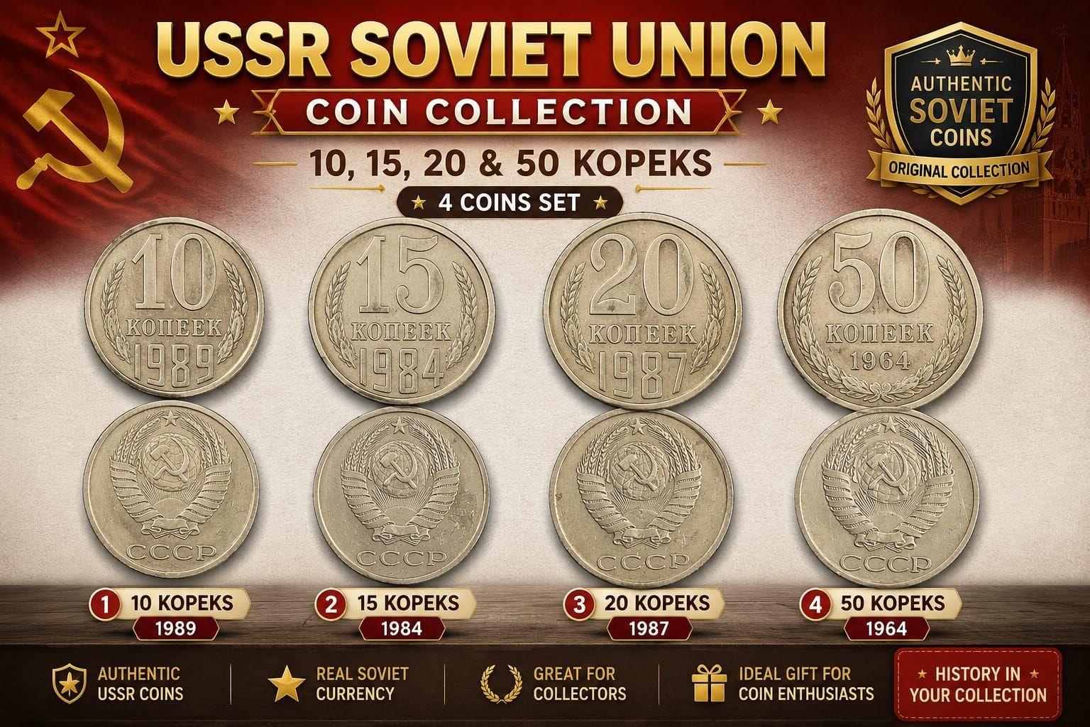 Soviet Union Coin Collection 10, 15, 20 and 50 Kopeks 4 Coins Set Used coin (no specific year guarantee)