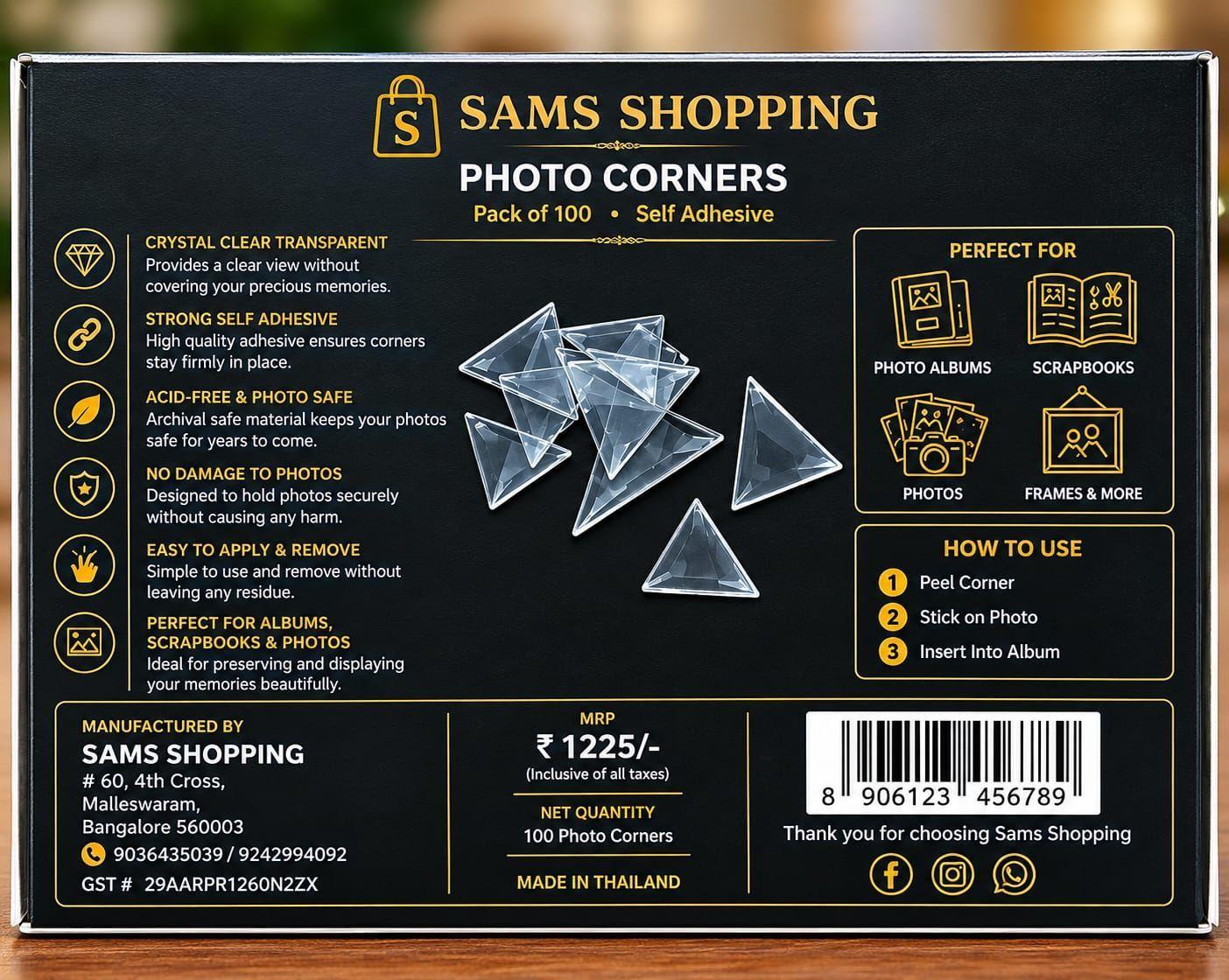 Sams Shopping Transparent Self-Adhesive Photo Corners - Pack of 100