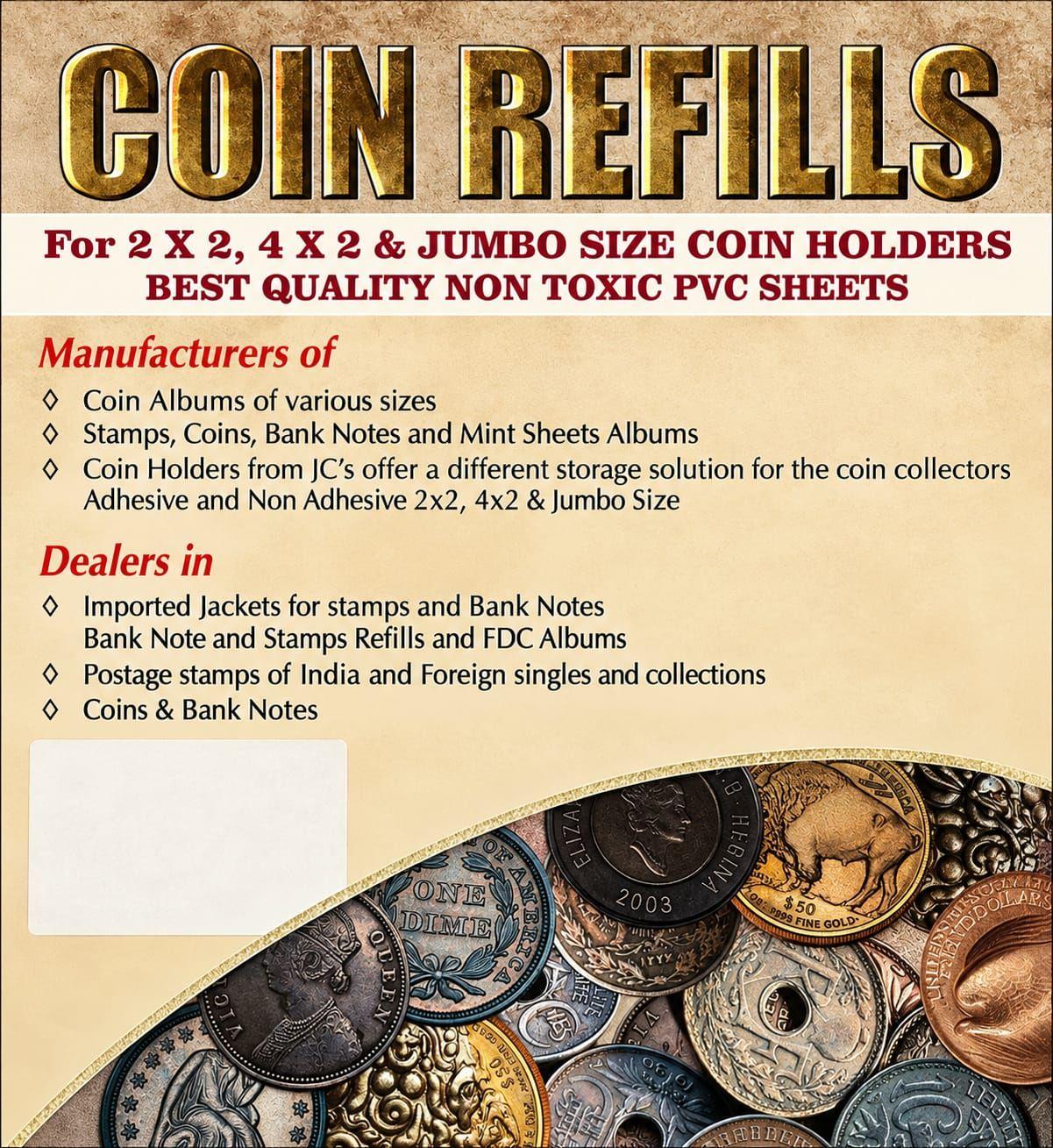 Set of 5 Coin Refills – Premium Non-Toxic PVC Sheets 2×2, 4×2 & Jumbo Coin Holders Coin Collector Storage Pages