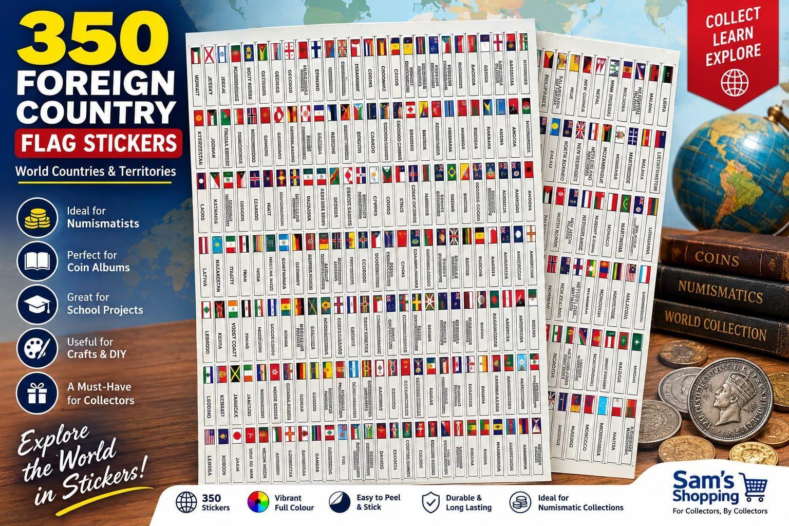 World Country and Territory Flag Stickers - 350 Pieces for Coin Albums