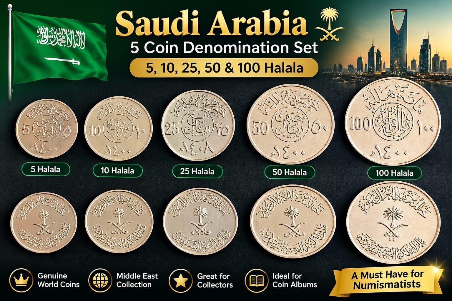 Saudi Arabia 5, 10, 25, 50 And 100 Halala 5 Coin Denomination Set 1980/1988 Used (No Guarantee Of Year)