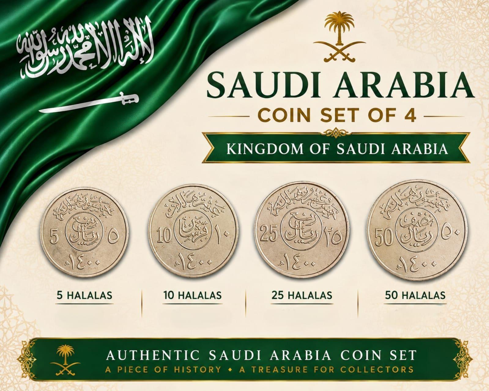 Saudi Arabia 1980 5, 10, 25 And 50 Halala Set Of 4 Used Coins 1400 AH. (No Guarantee Of Year)